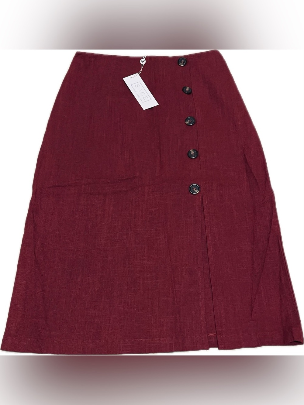 Sage the Label Midi Skirt in Burgundy with Button Front